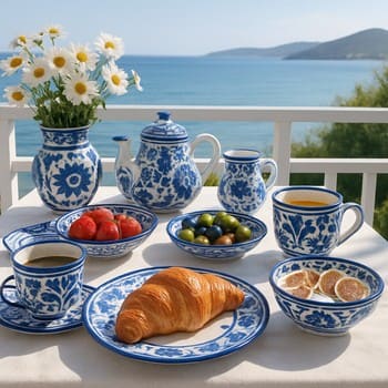 Ege esintili mavi beyaz seramiklerle hazırlanmış kahvaltı masası