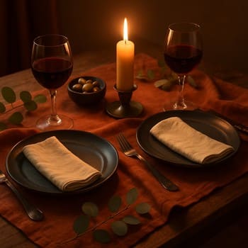 Mum ışığında koyu tabaklar ve sıcak tonlu tekstillerle akşam sofrası