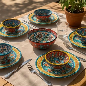 Daha renkli tabaklar ve desenli kâselerle hazırlanmış öğle masası