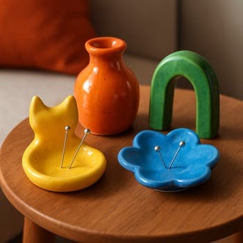 Yan sehpa üzerinde gruplanmış küçük pin co seramik objeler