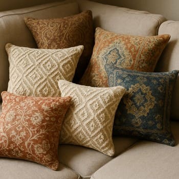 Köşede üst üste dizilmiş dekoratif pinco yastık adası