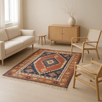 Odanın ortasında konumlandırılmış yumuşak tonlu kilim adası