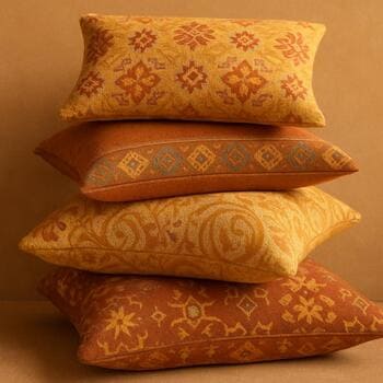 Koyu renk kanepede safran tonlu dekoratif yastıklar