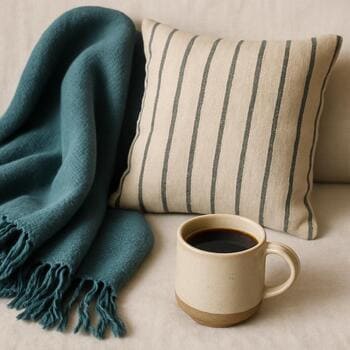 Ege renklerinde throw battaniye, çizgili yastık ve seramik kupa seti