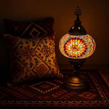 Kontrast tonlu kilim, mozaik lamba ve desenli yastık kombinasyonu