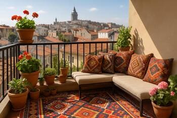 Kilim, yastıklar ve mozaik lamba ile dekore edilmiş İstanbul balkonu