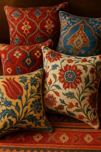 İstanbul esintili desenlere sahip renkli dekoratif yastıklar ve el dokuması kilim