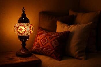 Yumuşak ışıklı köşede mozaik lamba ve yastıklarla hazırlanmış oturma alanı