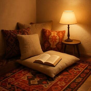 Pencere kenarında plaid ve yastıklarla hazırlanmış okuma köşesi