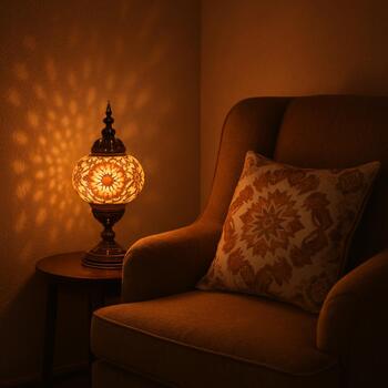 Yumuşak ışıklı akşam köşesinde yastıklar ve kilim