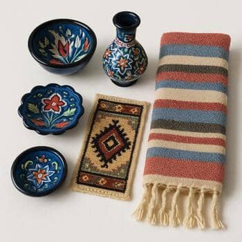 Sepete eklenmeye hazır küçük kilim, yastık ve seramik kombinasyonu