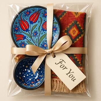 Hediye için hazırlanmış yastık ve seramik seti