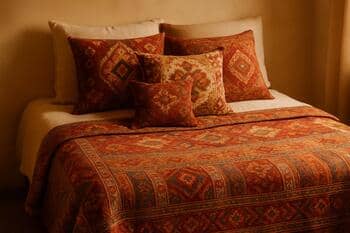 Yatağın ayak ucunda üst üste serilmiş renkli throw battaniyeler