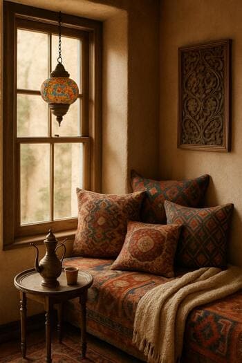 Pencere kenarında küçük yastıklar ve ince plaid