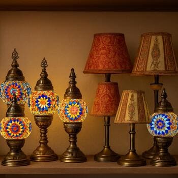 Mozaik lambalar ve kumaş abajurların birlikte sergilendiği raf