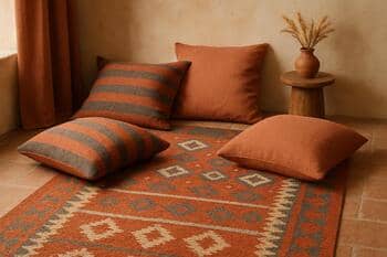 Kapadokya renklerini taşıyan yer minderleri ve el dokuması kilim