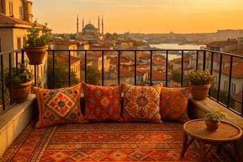 Altın saat ışığında İstanbul manzaralı balkonda renkli dekoratif yastıklar