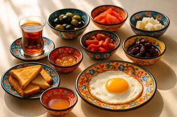Renkli seramik tabaklarla hazırlanmış kahvaltı masası