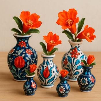 Farklı boyutlarda mini vazolar ve nar çiçekleri